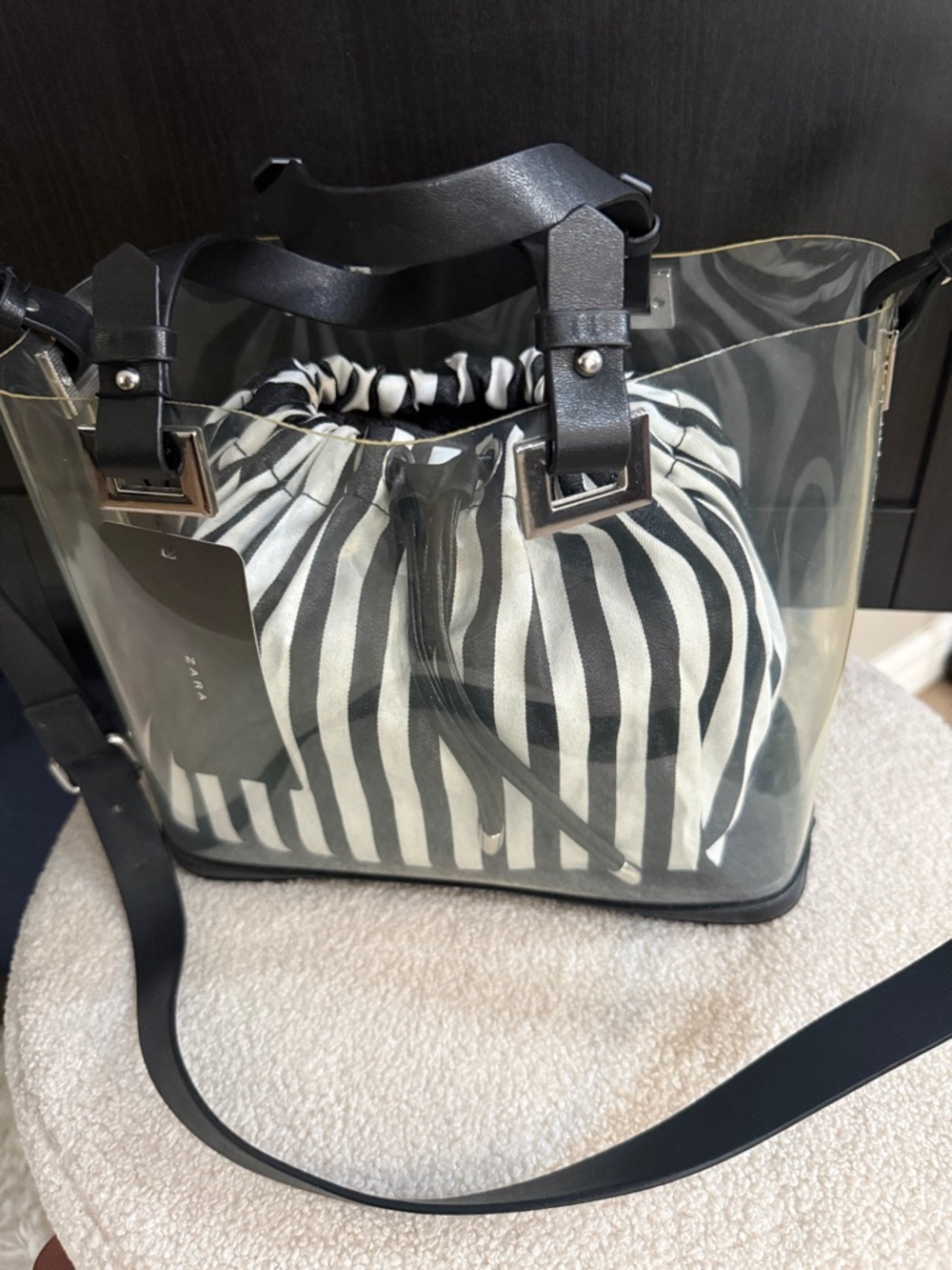 Zara Clear Tote with Black Trim and Striped Drawstring Pouch